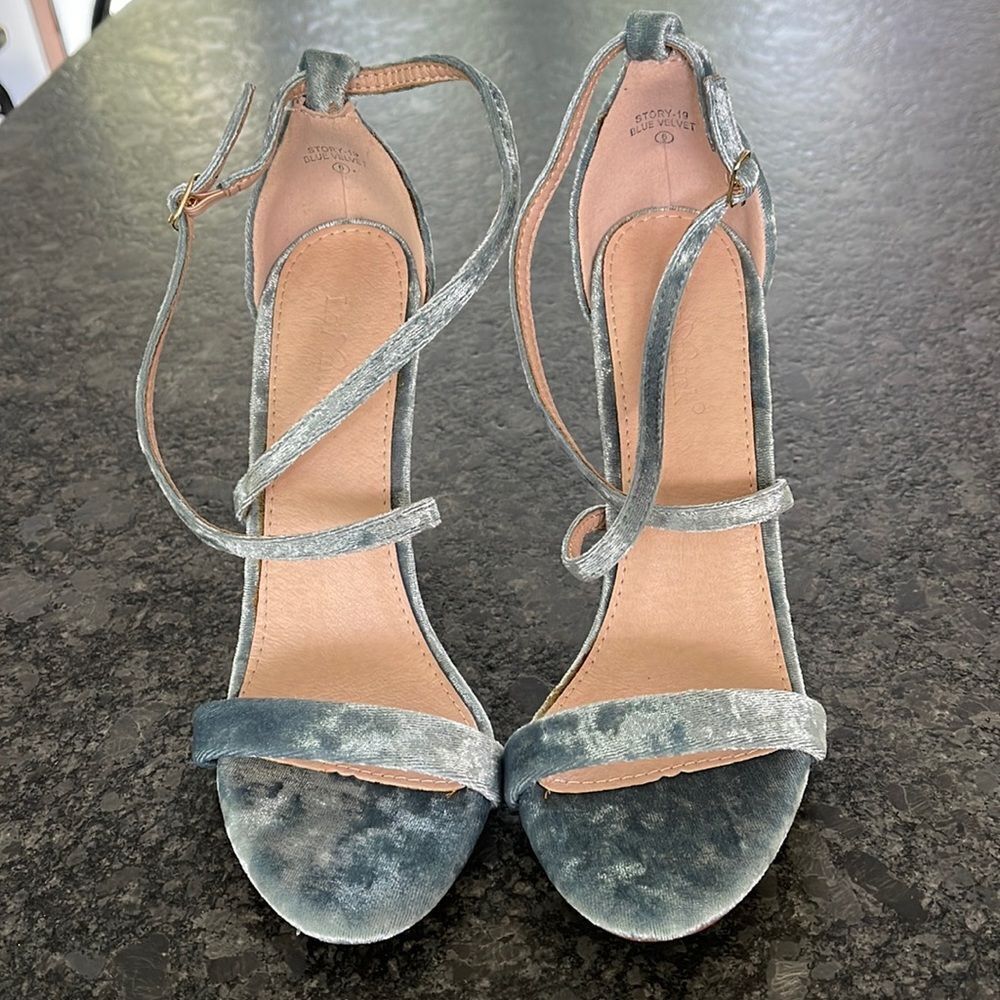 Lov Mark Story 19 Blue Velvet 4” heels sexy strappy shoes straps cross in front